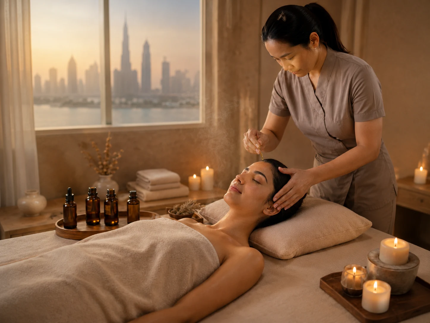 Relaxation massage at home in Dubai with candles and warm oil