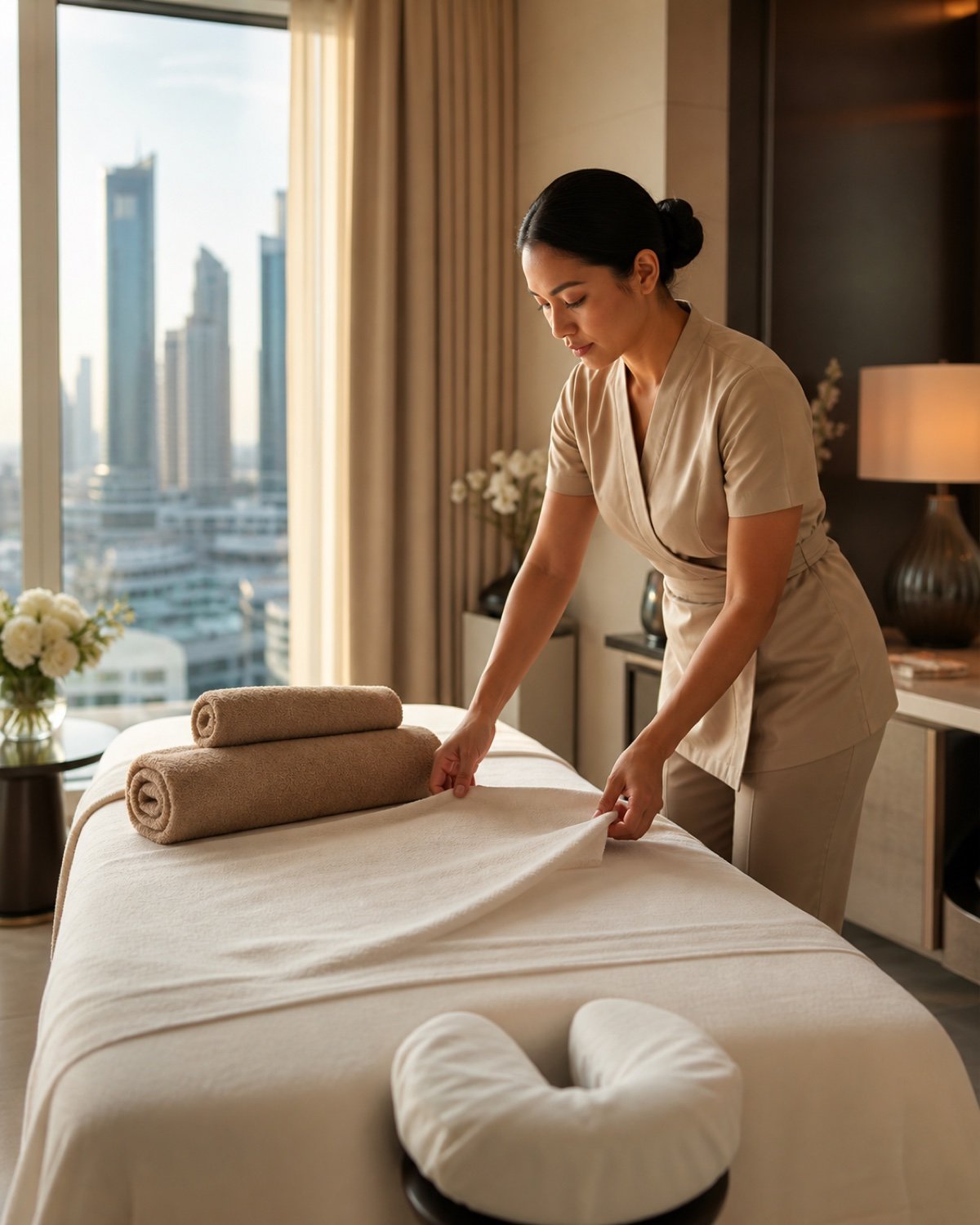 Therapist preparing a treatment table with fresh linen and warm towels