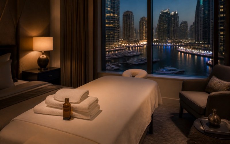 Calm bedroom prepared for an evening massage session