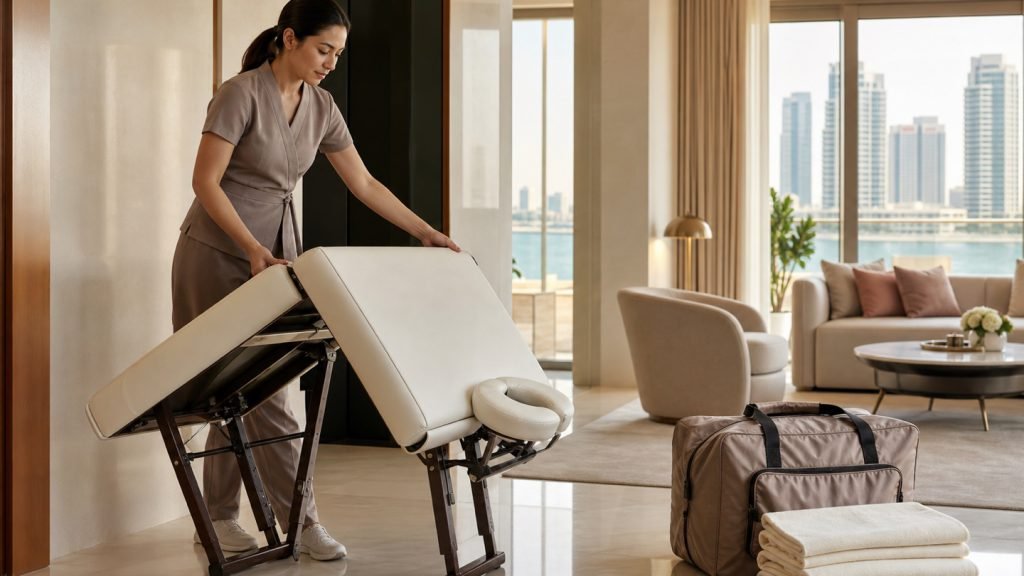 Therapist setting up a portable treatment table in a Dubai Marina apartment