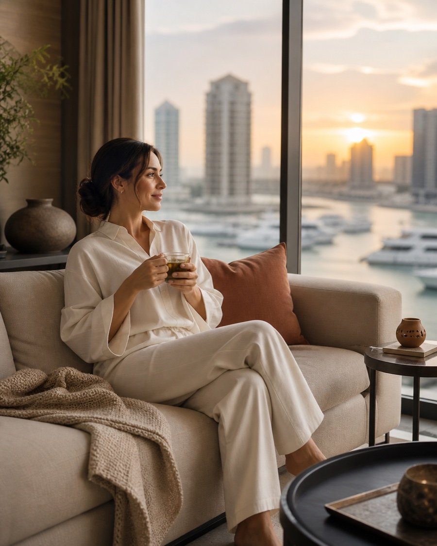 Client relaxing in a Dubai Marina apartment after a home massage session
